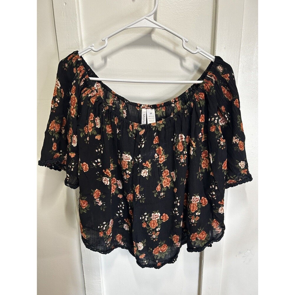 Marisol Off Shoulder Cropped Blouse Black Floral Print Women’s Size Medium